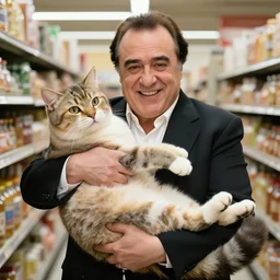 a gleeful danny devito holds a giant cat in his arms while shopping