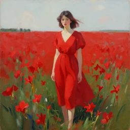 a painting of a woman in a red dress standing in a field of red flowers by craig mullins, trending on artstation, color field, concept art, artstation hd, matte drawing