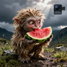 Gollum eating watermelon, action, go pro