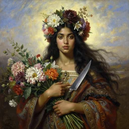 portrait oil painting, a beautiful young dark woman, floral headdress, flowers, holding a bouquet of flowers and a knife, long flowing hair, ornate robe, ultra realistic, wide angle, intricate details, artifacts, luminous skies, highly detailed, michael cheval, peter mohrbacher, boris vallejo, jessica rossier, oil painting, highly detailed, cinematic lighting