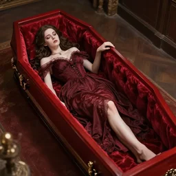 - i full - bodied beautiful girl dead in a red coffin wood box, aristocrat