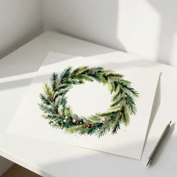 watercolor painting of round christmas wreath on white paper, bright, white table, white walls