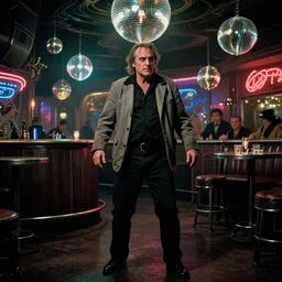 the full - body shot of very drunk old unkempt drunkard brawler joaquin phoenix with sideburns worn in grey jacket in steampunk disco bar, still shot from withnail & i movie with cinematography of christopher doyle, frostpunk, disco elysium, neon light, discoball light, anamorphic, optical flares, low contrast kodak film, sharp focus, 8 k