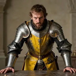 Medium shot frustrated and acerbic male bearded Imperial soldier wearing a {black and yellow tabard} over a steel breastplate and a black gambeson leaning over a table, by Raymond Swanland Greg Rutkowski Lise Deharm, {perfect face}, {perfect eyes}, {perfect body}, {hands planted on table},