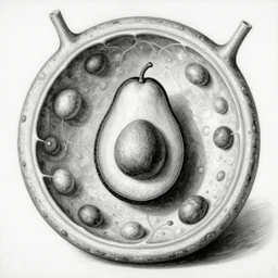 illustration of eukaryotic cell by arcimboldo, giuseppe, with avocado in the center of the cell, black and white painting