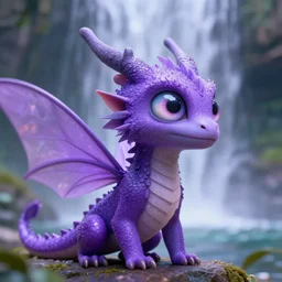 brightly little purple fairy dragon with compound eye waterfall 4 k raytracing high definition detailed realistic dramatic lighting