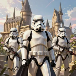 Storm Troopers in Hogwarts, intricate, elegant, fantasy, highly detailed, digital painting, concept art, Junji Ito, sharp focus, illustration, beautiful volumetric lighting, epic light, artstation, magic hour lighting, colorful, sunshine, springtime, art by Sylvain Sarrailh