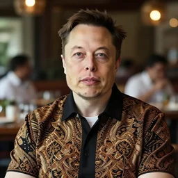 A Photo Portrait of elon musk Wearing Indonesian Batik at a fancy Balinese restaurant, award winning photography, sigma 85mm Lens F/1.4, blurred background, perfect faces