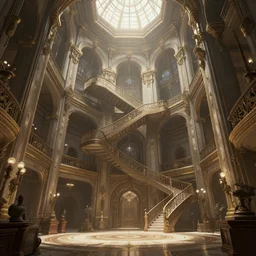 Matte painting of the interior view of giant atrium with a staircase connecting different floors. Fantastical, elaborate, dynamic perspective, detailed digital art trending in artstation