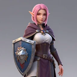beautiful, pink short haired, half elf woman, healer wearing cleric clothing and holding a shield, dungeons and dragons, character portrait, full face render, crimson eye color, 3 d model, blender, sculpture