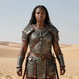 portrait, large barbarian woman, scale mail, heavy looking powerful imposing, by john willian waterhouse, jeff easley, highly detailed, hyperrealistic, dark skin, desert lands, sharp focus, soft lighting, centered, sunlight