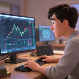 a man lookin bitcoin price chart in computer, pixar movie