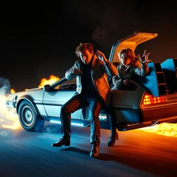 movie still from back to the future. delorean on fire. doc brown and marty mcfly scared. photorealistic