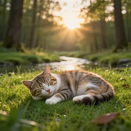 a singular cute cat sleeping on the grass in a forest near a small river at sunset, godrays, complementary colors, warm lighting, raytracing, highly detailed, high quality, 4k HDR, concept art, octane render, unreal engine 5, high coherence, calm, relaxing, beautiful landscape, serene, anatomically correct, close photo