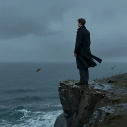 side view of a man wearing a long black coat standing on the edge of a cliff looking out to the sea, leaves in the wind, rain, dusk, artstation, concept art, art by Craig Mullins and Gret Rutkowski