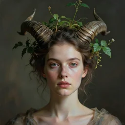 of a woman, surreal Portrait inspired by Natalie Shau, Anna dittmann, plants growing on the head, horns,cinematic