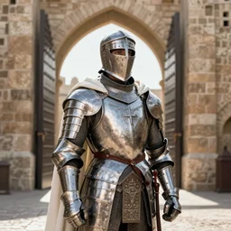 man looking forward in iron decorated christian crusader plate armor, cylindrical crusader great helm covering all his head and white cape covering his back and elbows standing at the gates of jerusalem drawn by greg rutkowski realistic high detail