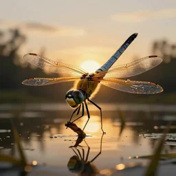 “abstract dragonfly illustration, over a pond, at sunset, golden hour lighting”
