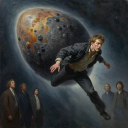 cinematic portrait of a meteorite flying at a man, oil on canvas, masterpiece, trending on artstation, featured on pixiv, cinematic composition, dramatic pose, beautiful lighting, sharp details, hyper-detailed, HD, HDR, 4K, 8K, art by Tim Hildebrandt and Wayne Barlowe and Bruce Pennington and ruan jia and larry elmore,