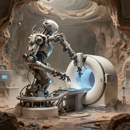 ( cyberpunk 2 0 7 7, bladerunner 2 0 4 9 ), a complex thick bifurcated robotic cnc surgical arm cybernetic symbiosis hybrid mri 3 d printer machine making a bio chemical lab, by robert crumb,, biomechanical, lens orbs, global illumination, lounge, architectural, geological strata, ground mist swirling vortexes, granular detail, hypermaximalist, micro details, 3 d sculpture f 3 2,