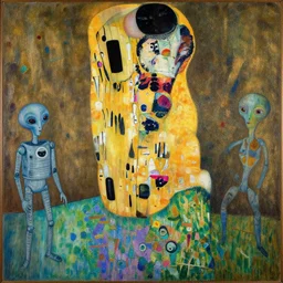 a painting of a aliens and robots by graham sutherland, egon schiele, gustav klimt, guernica!, expressionism