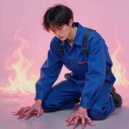 fashion model in a blue factory worker's overalls face looking down at the floor eyes sad tentacles instead of hands, the light pink glow of fire in the background, soft light, hyperrealistic painting, figurative art, poster art