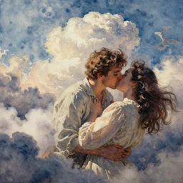 a beautiful watercolour of heaven's just a kiss away, in the style of delphin enjolras, intricate, ultrarealistic, cinematic, dynamic lighting, artstation.