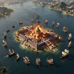 many 15th century ships surrounding a burning Aztec city located on an island in the middle of a lake, aerial view, high detail, by Craig Mullins, Peter Mohrbacher, unreal engine, octane rendered, 8K, dark beauty, trending on artstation