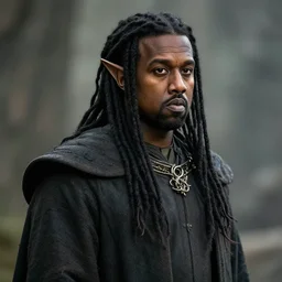 kanye west as a lord of the rings elf, long black dreadlocks, pointy ears, artstation, epic, detailed