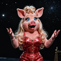 film still of miss piggy in cosmic horror! the musical by david cronenberg, horror sci fi, 3 5 mm film, atmospheric, ultra fine detail, film grain, photorealistic, hyperrealistic dramatic lighting