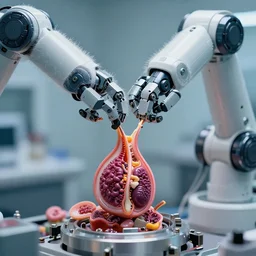 a close up of a hairy robotic arm manufacturing living organs, high tech environment, defocus, color photo, various levels of details