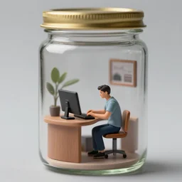 tiny realistic proportioned man sitting down at computer working from home, inside a jar. octane, hyper detailed, trending on deviantart, sharp focus, photography, trending on artstation, photorealistic, unreal engine