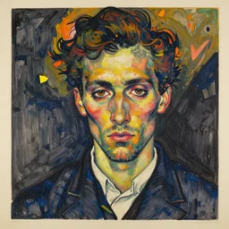Erich Heckel print portrait of a Man in the style of Egon Schiele, german expressionist print, woodcut print