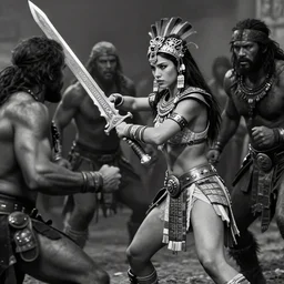 action fight, aztec princess fights barbarians,rich Aztec jaguar armor,ligtt sword, vertical composition, inspired by monster hunter and westerns, muscular body, clean beautiful symmetrical face,  subtle make up, epic,dramatic lighting, cinematic, establishing shot, extremely high detail, photorealistic,  brutal, provocative , cinematic lighting, artstation, octane render, dark fantasy ,old photo, vintage, black and white, Boris vallejo