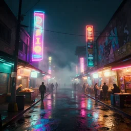 foggy rainy mood blade runner inspired environment night time scene in a urban market in guatemala with bright dramatic colorful lighting and neon advertising and graffiti all over the place with cyberpunk aesthetic and visually like gta v with game of the year edition graphics with bloom and lightshaft, street view