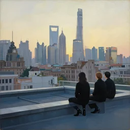 a small rooftop with a couple of people sitting and watching the view, wearing black modern clothes, modern shanghai bund is on the background, sunset, by edward hopper, by gregory crewdson