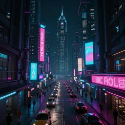 A magnificent dark neon futuristic cyberpunk city busy street at night made in cinema4d, hyper realistic, extreme details, cinematic  | 8k video | Aesthetics of bladerunner