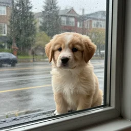 a cute puppy dog looking outside a window on a rainy day in Seattle