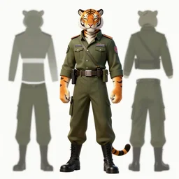 portrait male anthro tiger dressed in military clothes character full body precis no blur, concept art, character sheet, nier automata, gaston bussiere, greg rutkowski, tsutomu nihei, cyberpunk, trending on artstation, featured on pixiv, hyper detail, cinematic composition, 8 k, detailed face