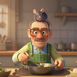 walter white in ratatouille with rat on head while cooking