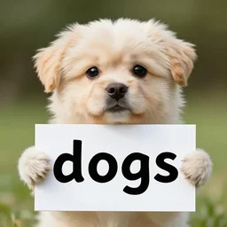 realistic high quality photo of a cute dog holding a sign with text that reads : dogs