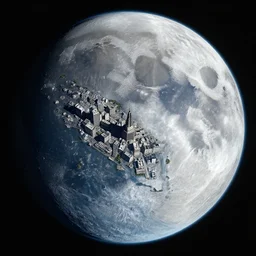 The city on the moon in 2077 as seen from the earth, super zoom
