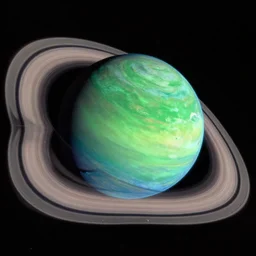 a photo of a green and blue planet with rings taken by Cassini