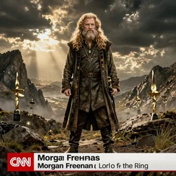 morgan freeman starring as gimli in lord of the rings, full body, cnn news footage.