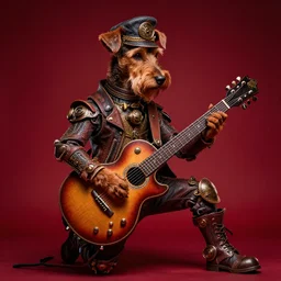a steampunk terrier mix playing a guitar solo style of beksinski, intricate composition, magentaby caravaggio, highly quality, highly detailed, masterpiece, red light, artstation