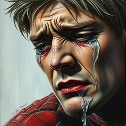 beautiful painting by jeremy mann, portrait of tobey maguire as spider - man in pain, grimacing, in tears, weeping, crying, absurdly beautiful, elegant, ultrafine hyperrealistic detailed face illustration by wlop and artgerm and greg rutkowski, alphonse mucha, frank franzetta, craig mullins, intricate linework, sharp focus, smooth, octopath traveler,