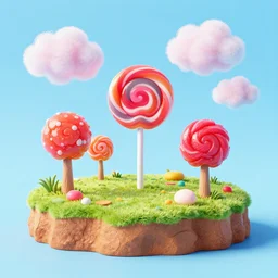 an island made of candy, with lollipop trees and cotton candy clouds