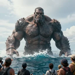 A gigantic humanoid Titan rises out the sea startling onlookers, with just his head riding out of the water.