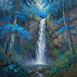 A beautiful oil painting of a very tall waterfall on a very rocky cliff, in the middle of a huge forest of trees with bright blue glowing leaves, by Afremov