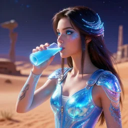 a girl drinking blue milk on tatooine, tatooine scenery, star wars anime art, very detailed, ambient lighting, luminous, radiant, glowing, iridescent, lustrous, shimmering, brilliant, vivid